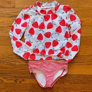 Girls Red Strawberry Print Long-Sleeve Rashguard Swim Set